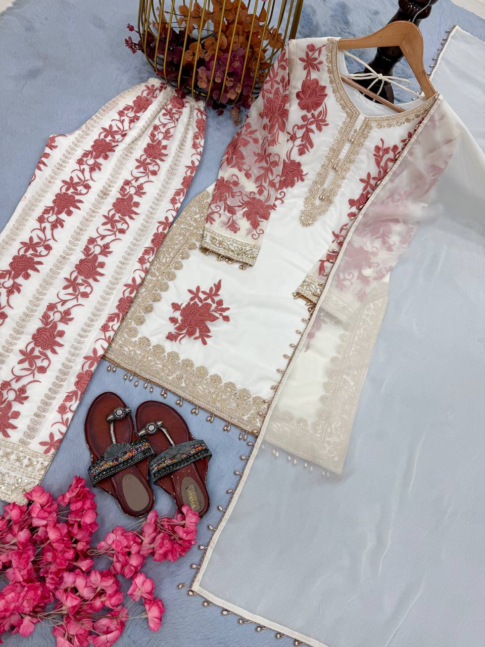 RangBhoomi Designer Party Wear Heavy Star Georgette Top, Plazzo & Dupatta Set