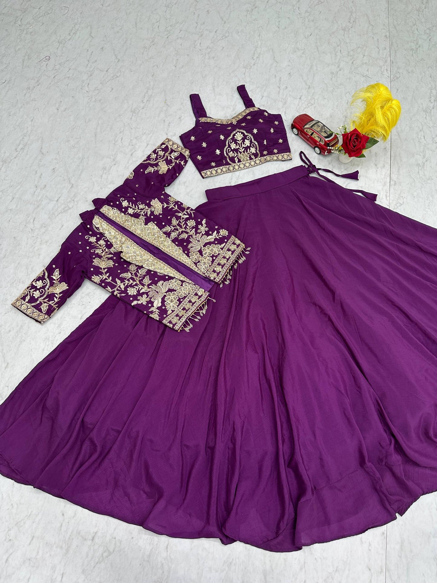RangBhoomi Festival Special Embroidered Chinon Crop Top Set with Lehenga and Jacket