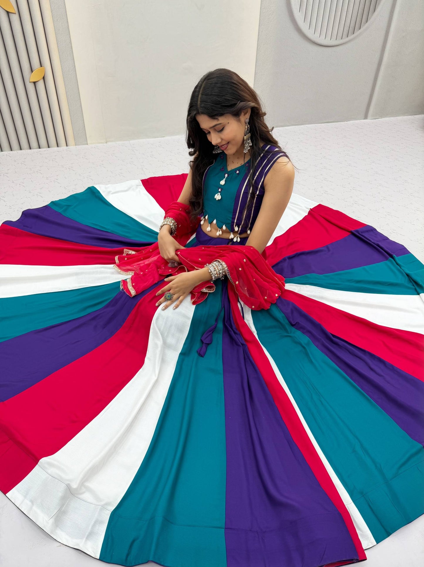 RangBhoomi Navratri Special Vintage Lehenga Choli with Dupatta — Pure Cotton, Hand Mirror & Thread Work