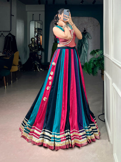 RangBhoomi Navratri Collection 2026 Multicolor Chinon Lehenga with Zari Blouse & Tassel Details