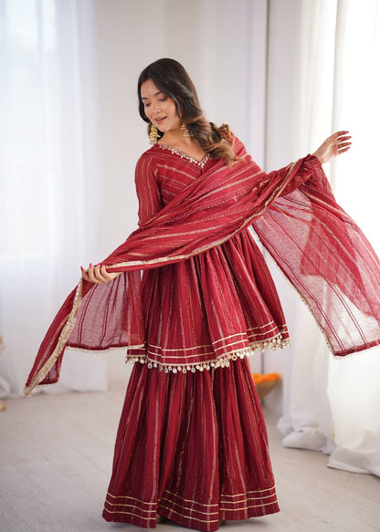 Elegant Women's Ethnic Ensemble with Real Mirror and Handwork – Ready-to-Wear Mal Chanderi Set with Sharara Palazzo and Mirror Lace Dupatta