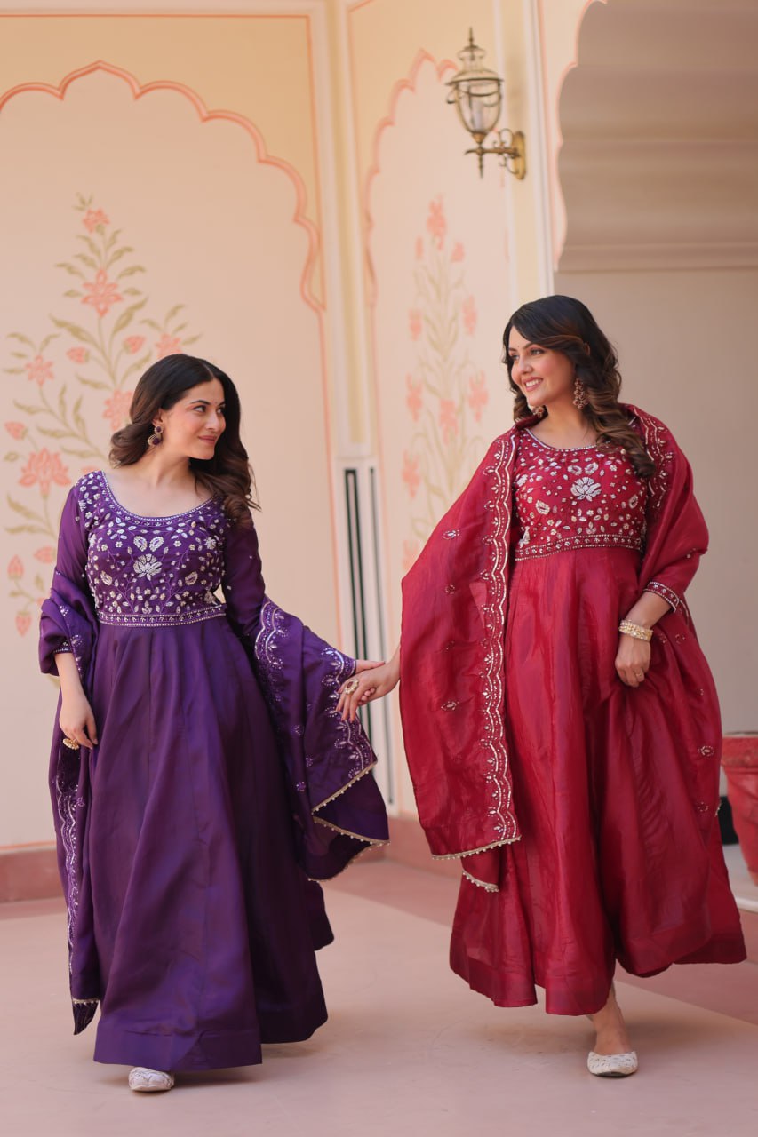 Elegant Gold Crush Embroidered Gown and Designer Dupatta Set