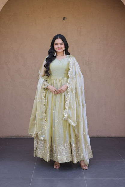 RangBhoomi Fendi Silk Sequined Gown with Dupatta – Elegant Full-Sleeve Designer Set