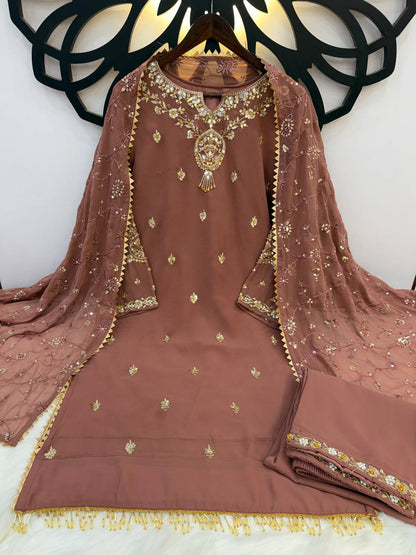 Embroidered Sequined Faux Georgette Top, Bottom, and Dupatta Set – Fully Stitched and Ready to Wear