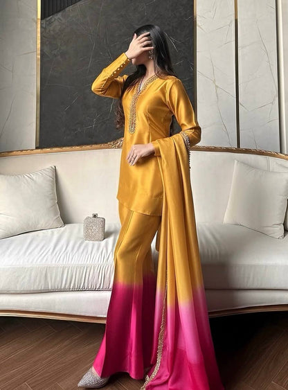 Launching New Designer Party Wear Look Pure Roman Glass Top & Elegant Palazzo with Dupatta Set