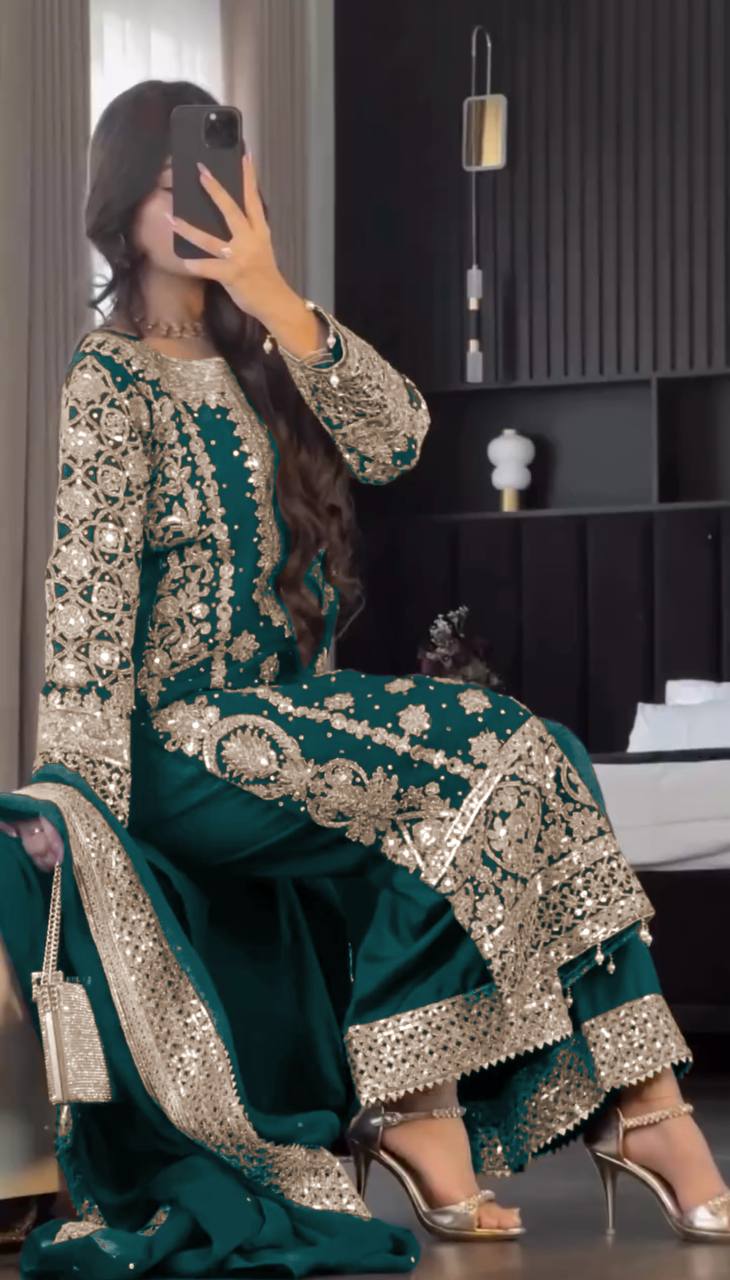 New Collection Faux Georgette Ensemble with Intricate Heavy Embroidery, Sequin Detailing, and Fully Stitched Ready-to-Wear Top, Bottom, and Dupatta Set