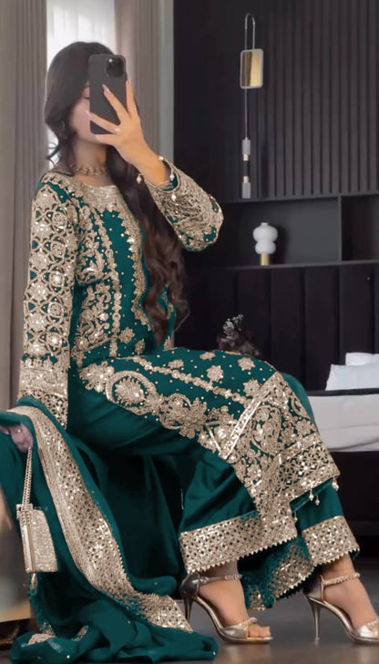New Collection Faux Georgette Ensemble with Intricate Heavy Embroidery, Sequin Detailing, and Fully Stitched Ready-to-Wear Top, Bottom, and Dupatta Set