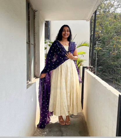 Embroidered Chonon Silk Gown with Sequins and Fendi Silk Dupatta, Fully Stitched, Sizes M to 2XL
