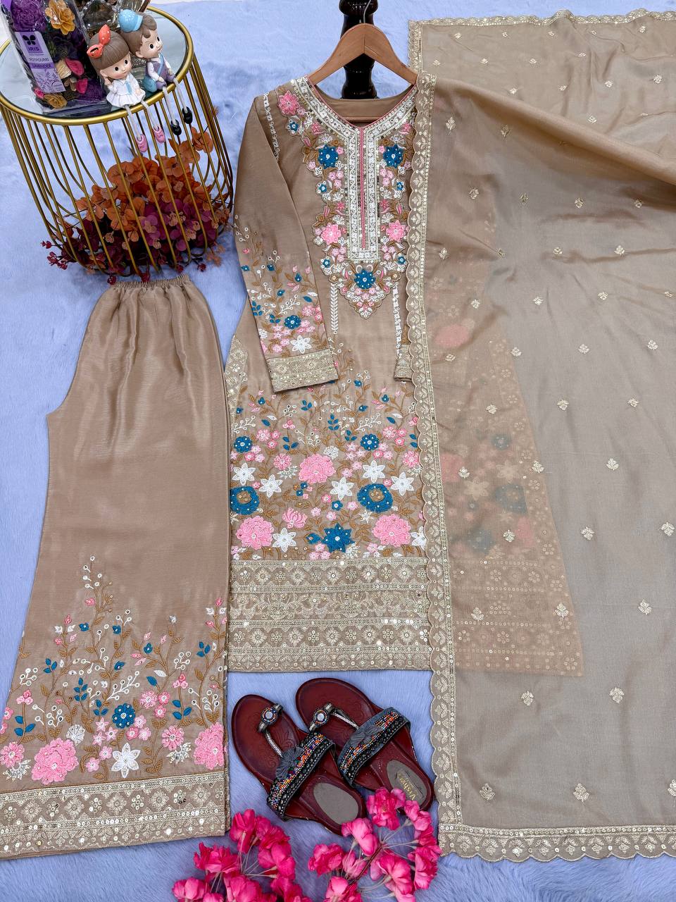 Exclusive New Designer Party Wear Pur Gimmy Chu Top, Palazzo & Dupatta Set for Elegant Celebrations