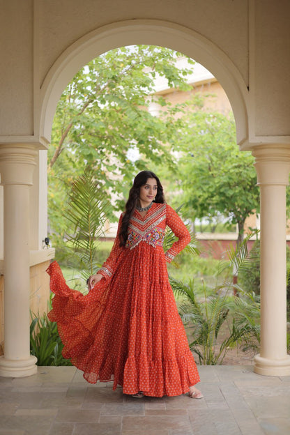 RangBhoomi Bandhani & Kutchi Patchwork Faux Georgette Gown — Navratri Special