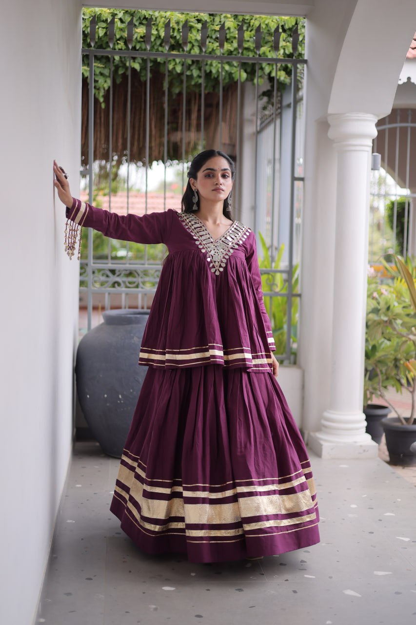 RangBhoomi Navratri Kora Cotton Full-Stitched Lehenga & Blouse Set with Mirror and Gota Work