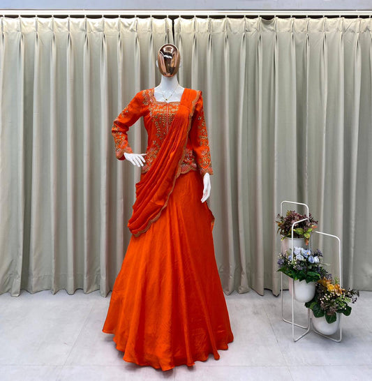 RangBhoomi Designer Lehenga Saree with Real Mirror & Embroidery Work - Long Blouse, Chinon Fabric