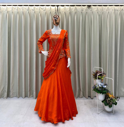 RangBhoomi Designer Lehenga Saree with Real Mirror & Embroidery Work - Long Blouse, Chinon Fabric