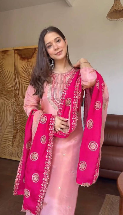 Women's Ethnic Wear: Elegant Embroidered Fendy Silk Suit Set with Dupatta, Fully Stitched and Ready to Wear