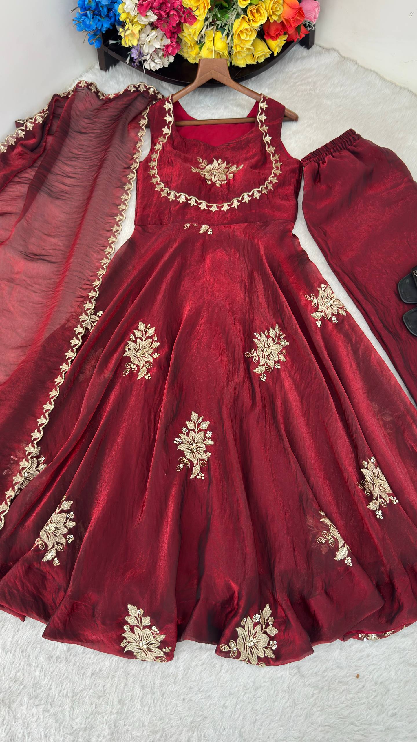 Elegant Party Wear Fendi Satin Gown Set with Dupatta and Pants Featuring 3mm Metallic Sequins and Intricate Zari Embroidery