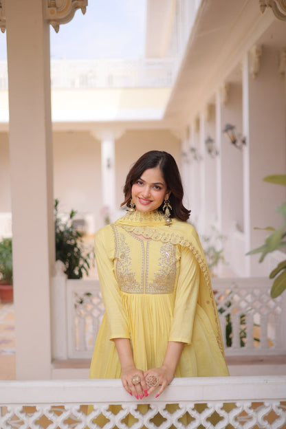 Premium Ready-to-Wear Mal Mal Chanderi Gown Set with Roman Silk Pants and Embroidered Dupatta