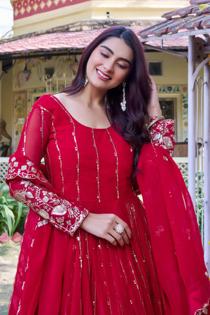 RangBhoomi New Festival Collection Long Gown with Dupatta – Elegant Fox Georgette Fabric with Heavy Sequence Embroidery