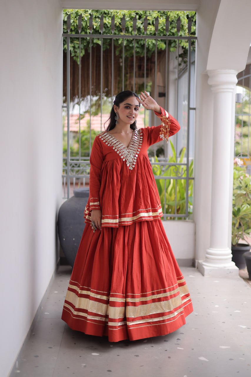 RangBhoomi Navratri Kora Cotton Full-Stitched Lehenga & Blouse Set with Mirror and Gota Work