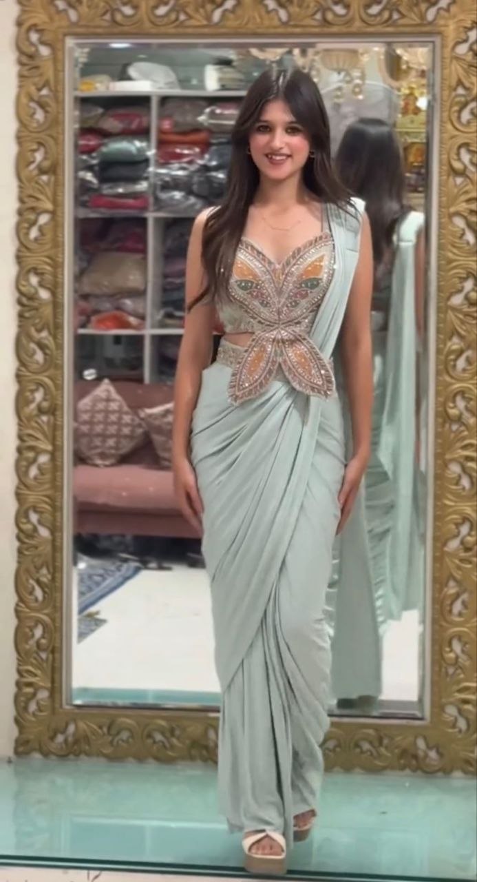 RangBhoomi Ready-to-Wear Saree with Elegant Embroidery and Sequined Blouse – Heavy Crepe Fabric