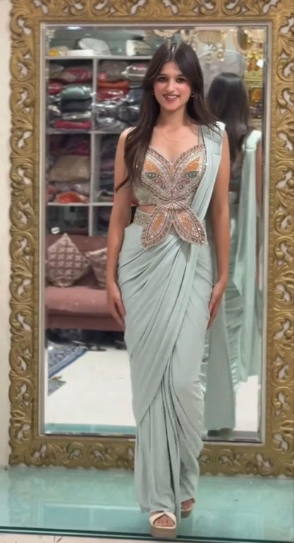 RangBhoomi Ready-to-Wear Saree with Elegant Embroidery and Sequined Blouse – Heavy Crepe Fabric