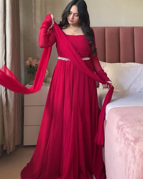 RangBhoomi Cinderella Red Fox Georgette Floor-Length Anarkali with Tassel Embellishments