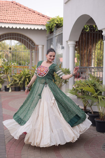 RangBhoomi Navratri 2026 Bandhani Lehenga Set — Full-Stitched Kora Cotton Lehenga with Faux Georgette Kurti