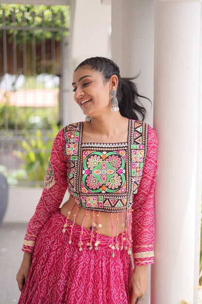 RangBhoomi Bandhni Faux Georgette Full-Stitched Lehenga Set with Designer Square Neck Blouse