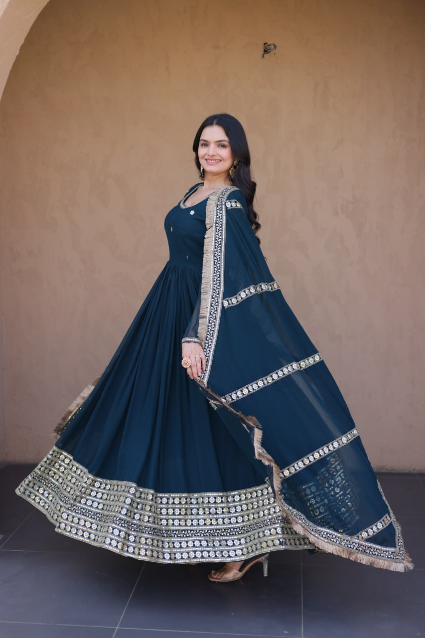RangBhoomi Festive Faux Blooming Gown with Embroidered Dupatta - Rama & Maroon