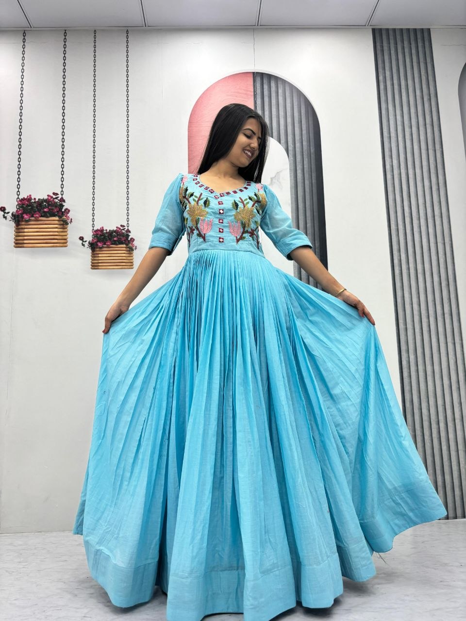 RangBhoomi Exclusive Trending Hand-Embroidered Mal Cotton Gown with Mirror Work, Fully Stitched, Sizes M to 2XL