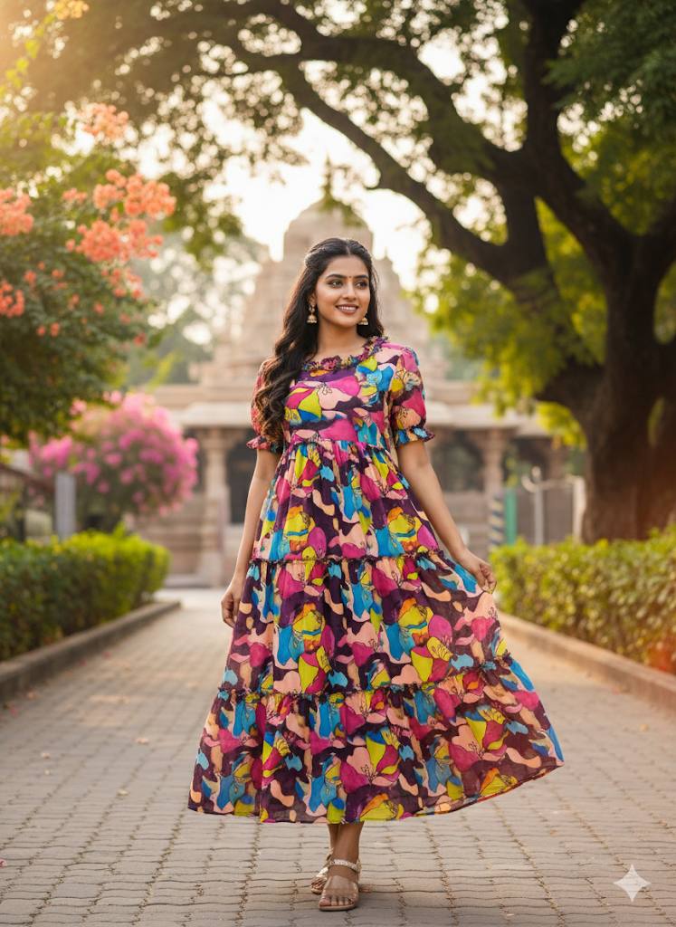 Model wearing ruffled sleeve floral maxi dress