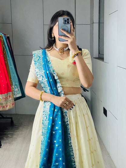 Exquisite Paithani Silk Lehenga Choli with Iconic Gold Zari Border and Satin Silk Dupatta