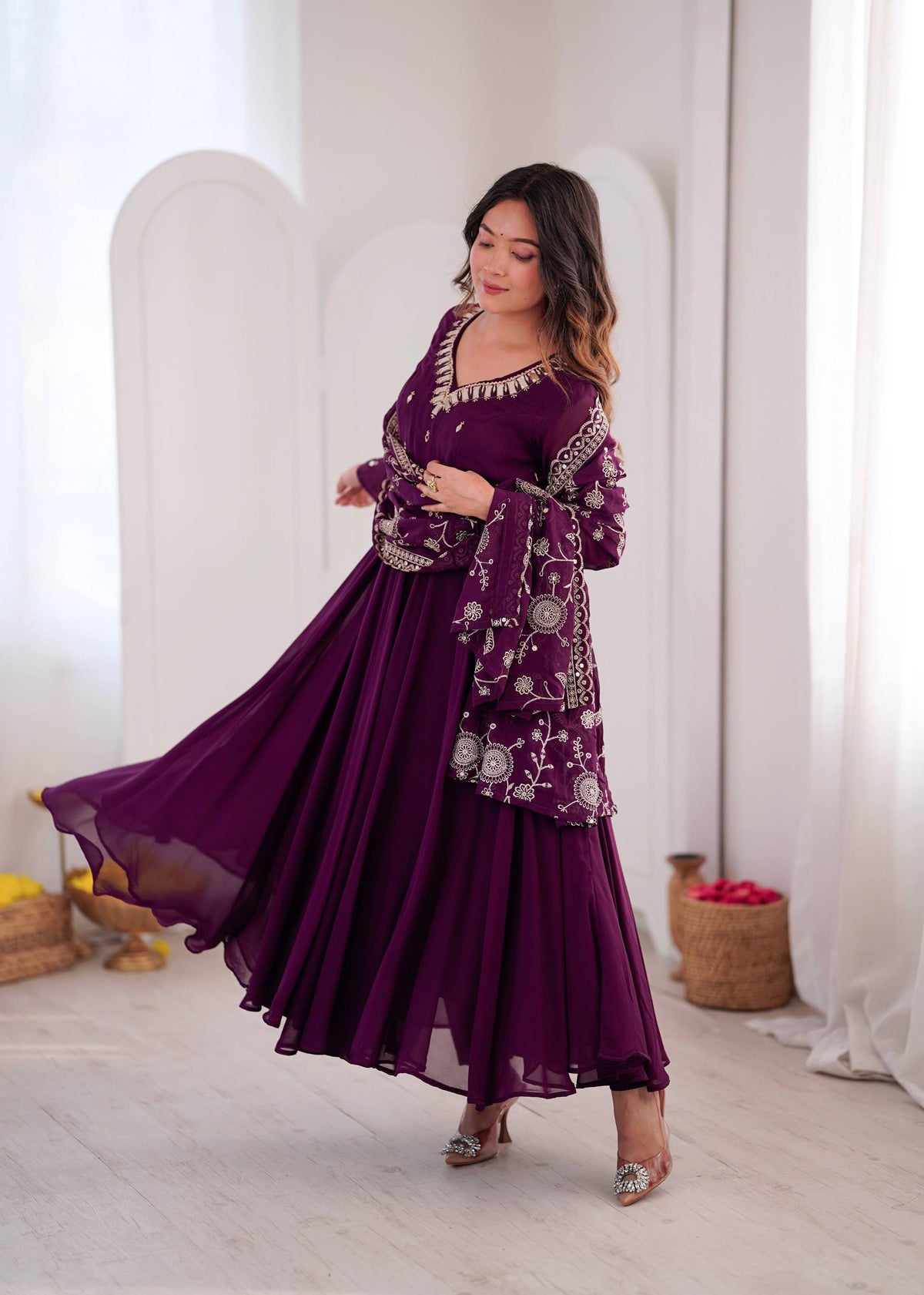 RangBhoomi Elegant Embroidered Mirror Anarkali Three-Piece Gown Set