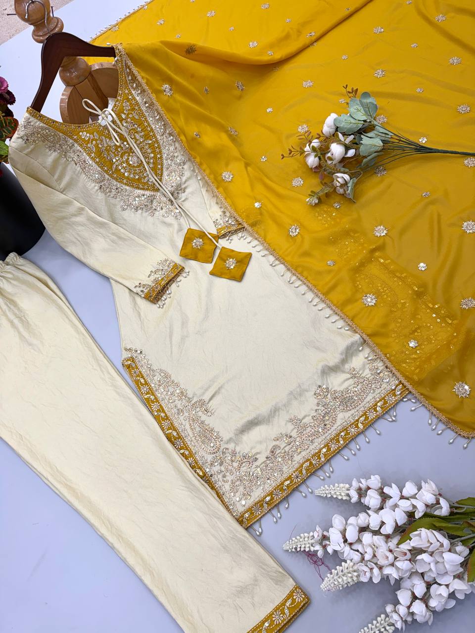 RangBhoomi Ronald Silk Sequin Embroidered Women's Ethnic Suit - Fully Stitched with Lace-Edged Dupatta