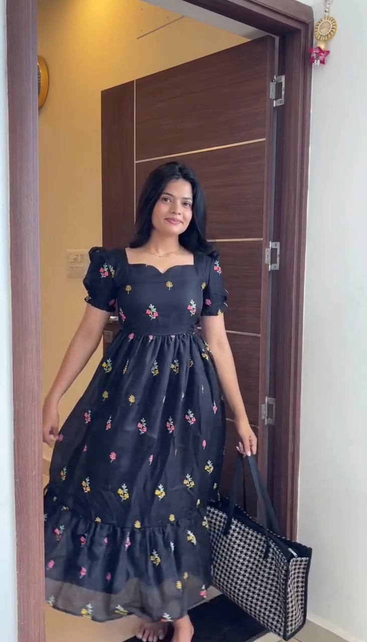 RangBhoomi Summer Floral Embroidered Kota Checks Midi Gown - Soft Kota, Micro Cotton Lining
