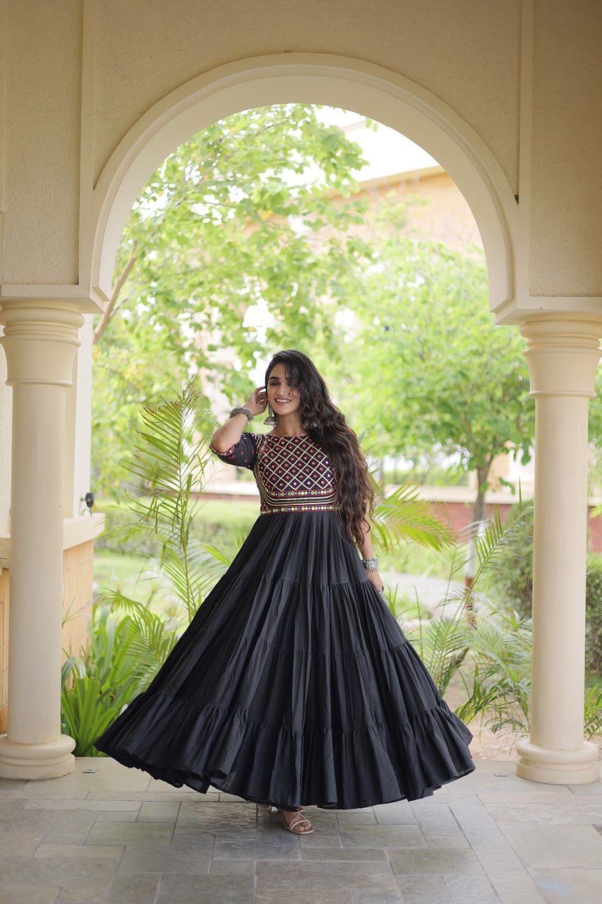 RangBhoomi Navratri Embroidered Kora Cotton Gown — Off-White & Black, 56" Length