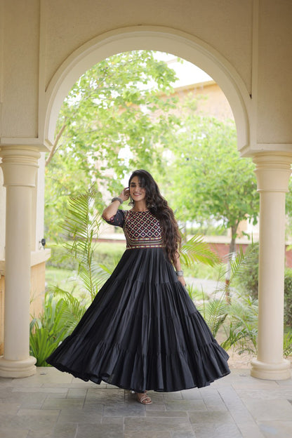 RangBhoomi Navratri Embroidered Kora Cotton Gown — Off-White & Black, 56" Length