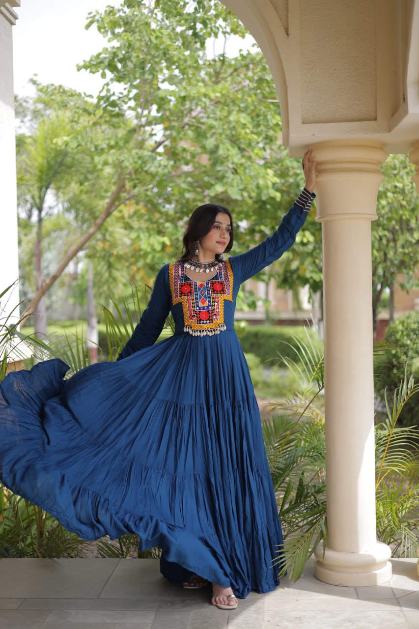 RangBhoomi Navratri Gown Collection 2026 — Wine, Rama & White Embroidered Mirror Work Gown