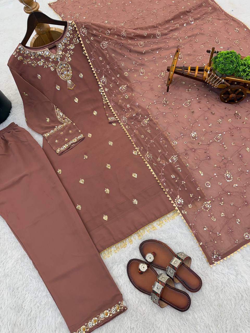 Embroidered Sequined Faux Georgette Top, Bottom, and Dupatta Set – Fully Stitched and Ready to Wear