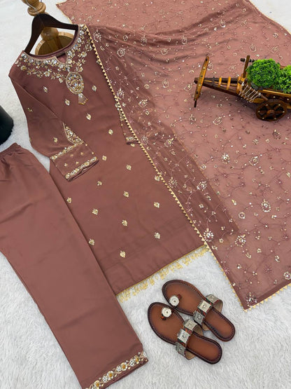 Embroidered Sequined Faux Georgette Top, Bottom, and Dupatta Set – Fully Stitched and Ready to Wear
