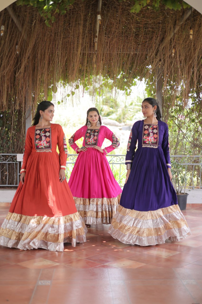 RangBhoomi Navratri Gown Collection 2026 — 14KG Rayon Kutchi Gamthi Thread Work, 12m Flair