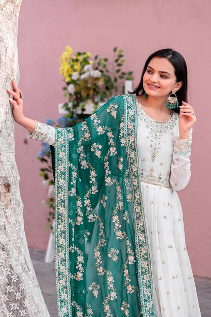 Elegant Party Wear Heavy Faux Georgette Gown with Embroidered Dupatta and Bottom Set