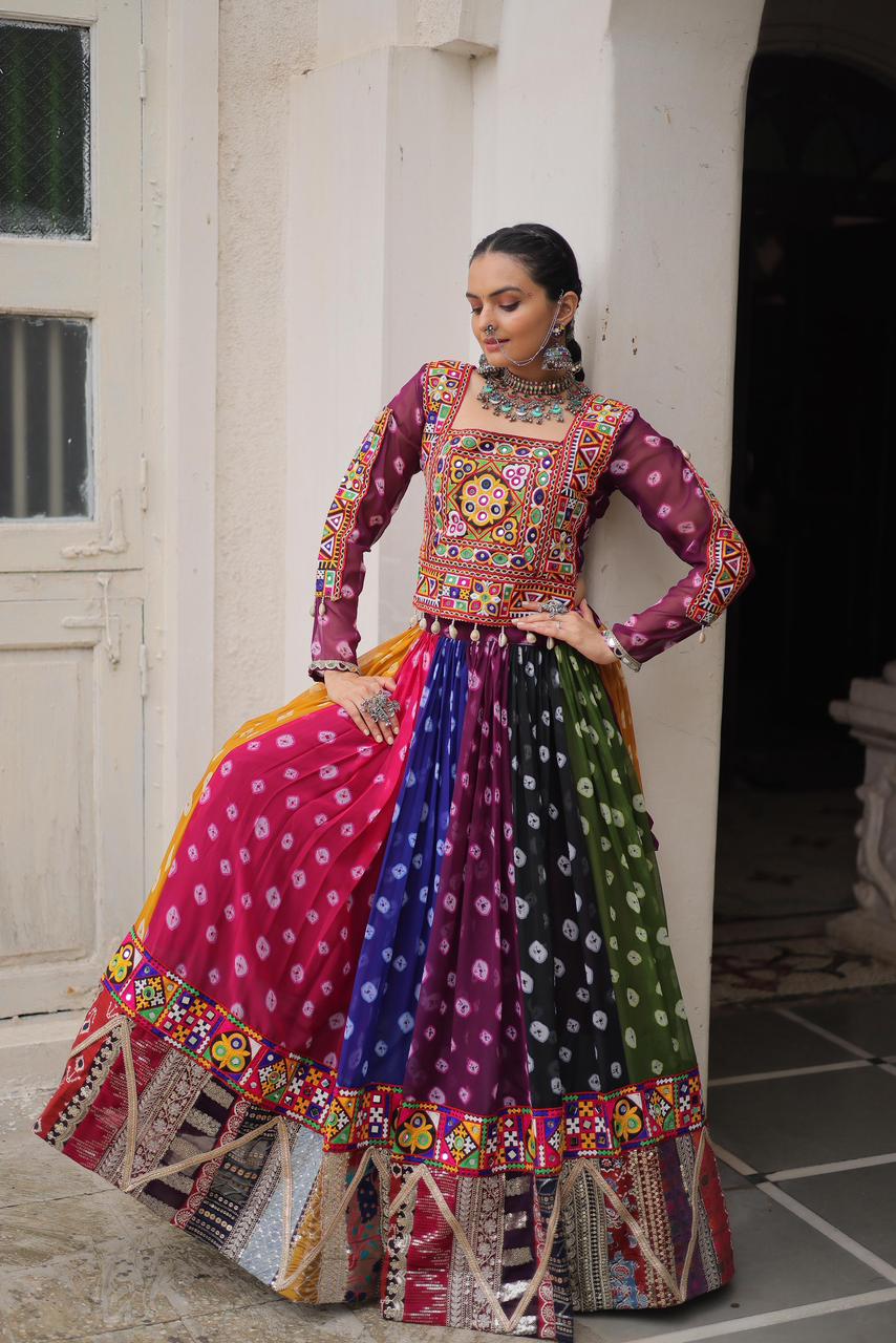 Navratri Festival Full-Stitched Georgette Lehenga Choli with Vintage and Kutchi Gamthi Embellishments