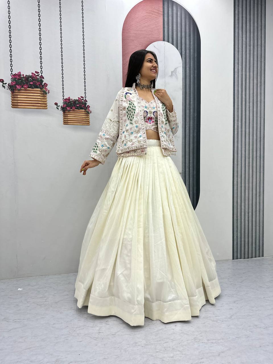 Festival Special Vichitra Silk Crop Top Lehenga Jacket Set with Heavy Thread and Sequin Embroidery by RangBhoomi