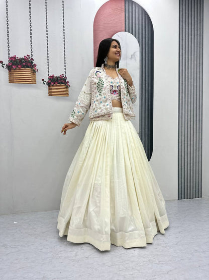 Festival Special Vichitra Silk Crop Top Lehenga Jacket Set with Heavy Thread and Sequin Embroidery by RangBhoomi