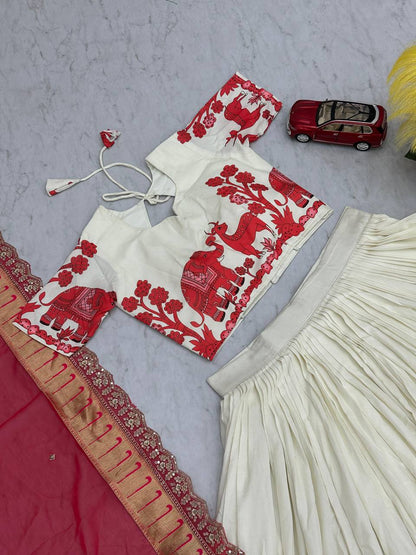 Top-down shot of Kalamkari lehenga choli set with pink dupatta.