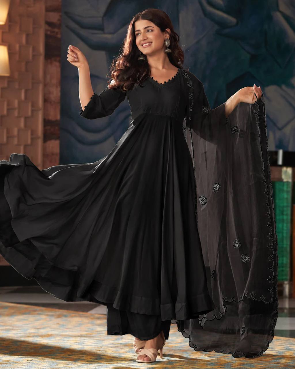 RangBhoomi Black Georgette Anarkali Set with Mirror Embroidery — Eid Special