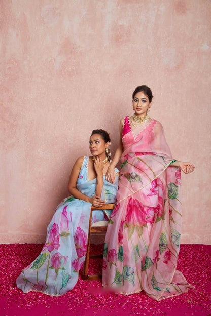Ready To Wear Organza Silk Saree - Floral Printed
