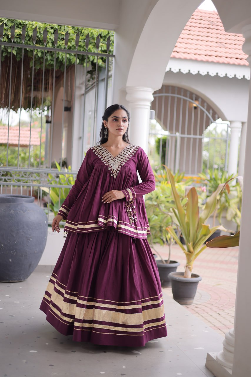 RangBhoomi Navratri Kora Cotton Full-Stitched Lehenga & Blouse Set with Mirror and Gota Work