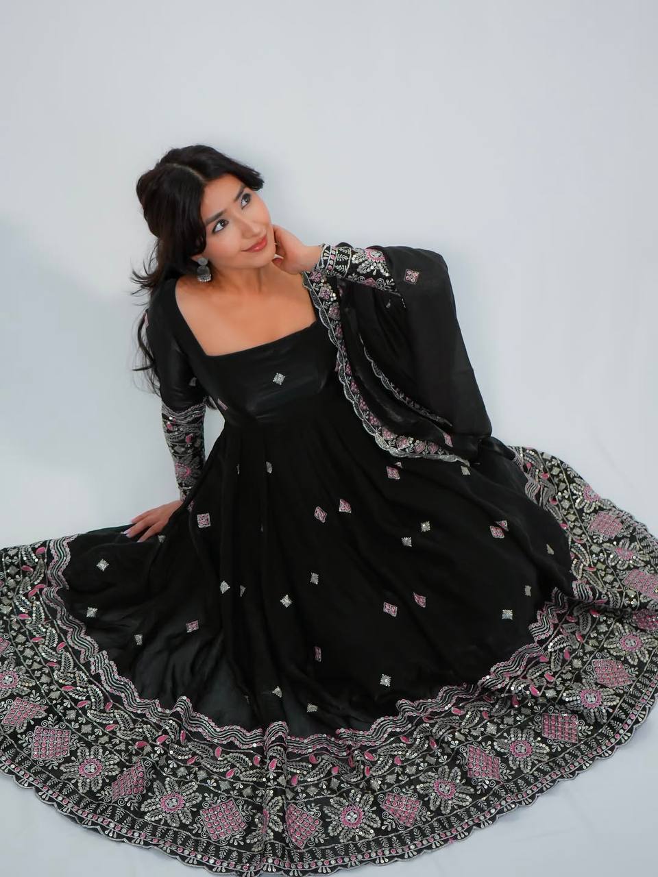 RangBhoomi Designer Party Wear Two-Tone Fandy Silk Embroidered Gown with Dupatta & Plazo