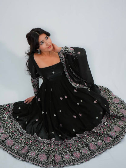 RangBhoomi Designer Party Wear Two-Tone Fandy Silk Embroidered Gown with Dupatta & Plazo